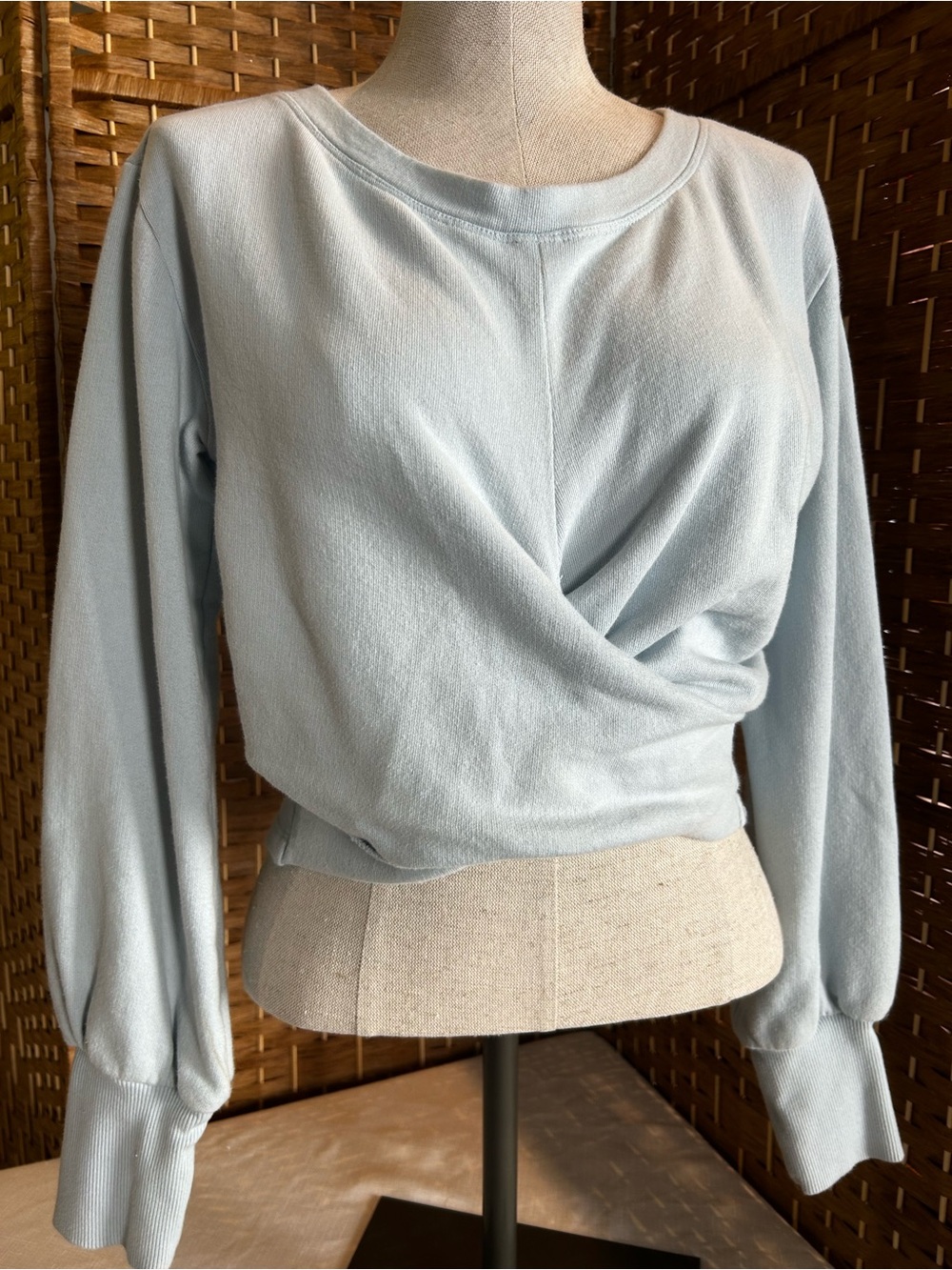 Anthropologie Blue Twist Front Cropped Sweatshirt Balloon Sleeve Balletcore S